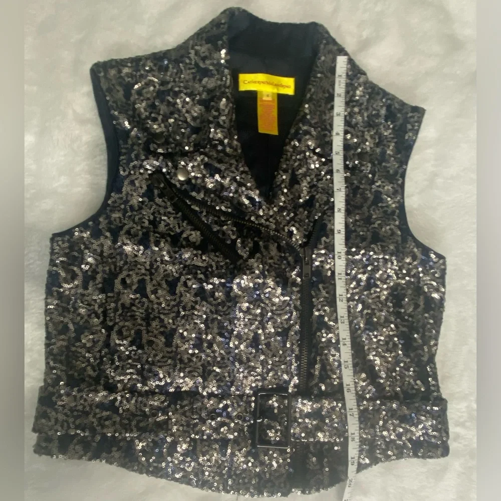 Catherine Malandrino Sequin Moto Vest Galaxy Black Silver Size 4
